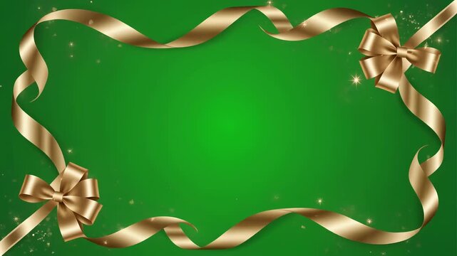 Luxury golden satin ribbon and gift bow frame border on green screen.