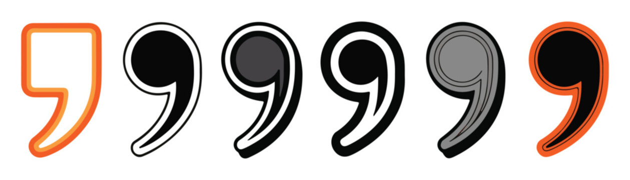 Graphic collection of commas with diverse stroke designs and thick borders in orange and black.