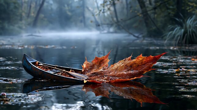 Miniature canoe with maple leaf float on misty forest river water calm