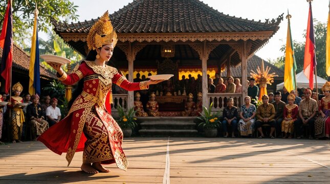 Balinese dancer performs Tari Piring plate dance outdoors. Woman in ornate red and gold costume balances plates. Spectators watch traditional performance near temple building.