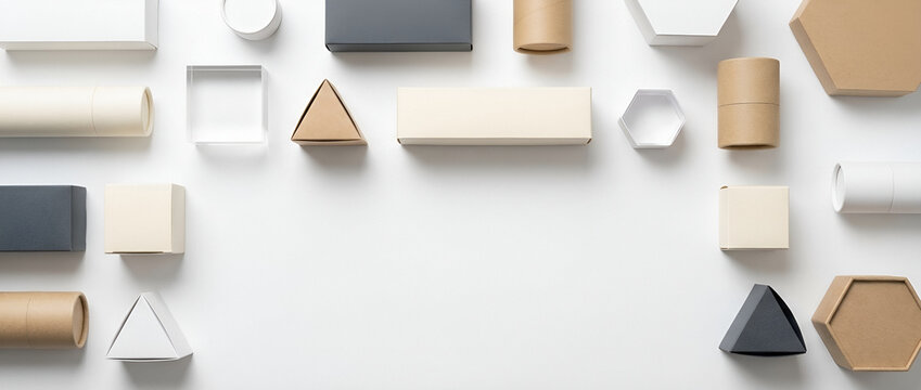 Geometric shapes and boxes arranged on white background
