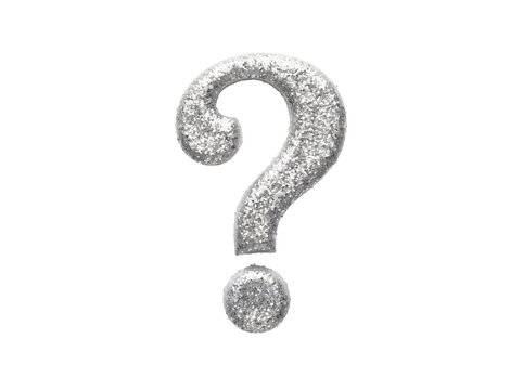 Silver glitter question mark with shimmering metallic texture on black background, capturing festive mystery and elegant curiosity for marketing design, FAQ sections, and social media teasers.