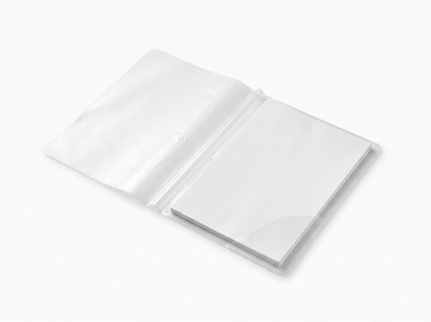 Open transparent plastic document folder with white paper sheets mockup isolated on white background