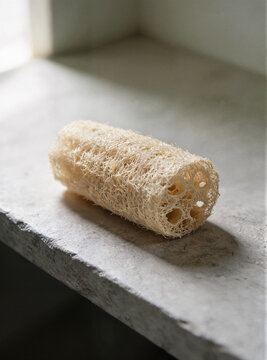 Natural loofah sponge lying on a light gray stone surface, fibrous plant texture, soft light from the left