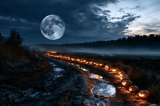 Spooky Halloween full moon night landscape with glowing carved pumpkins