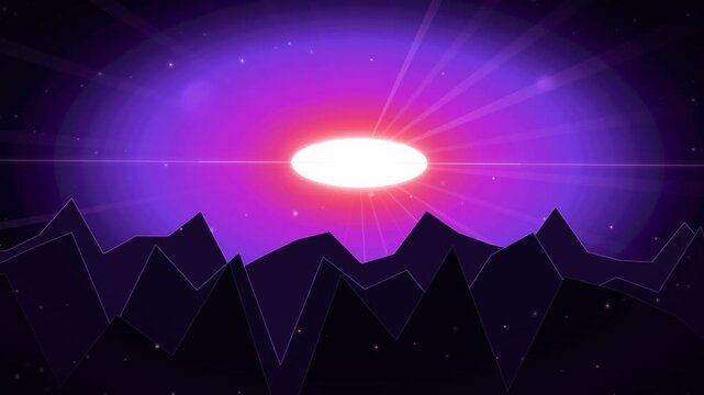 Abstract animated cosmic landscape featuring a vibrant, glowing elliptical light source with purple and red auroras over dark, jagged mountain silhouettes, set against a star-filled space, perfect...