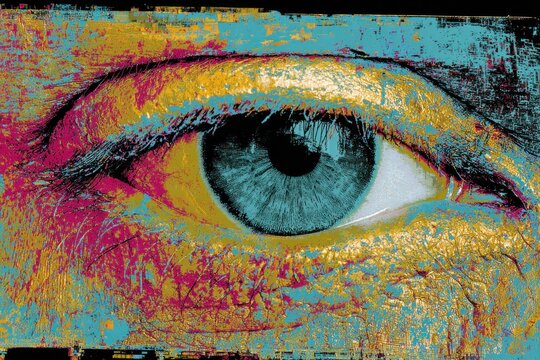 A close-up of an eye featuring bright blue hues surrounded by orange and other vibrant colors in an abstract style