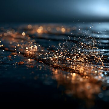 Magical gold glitter scatter across dark surface with bright bokeh light