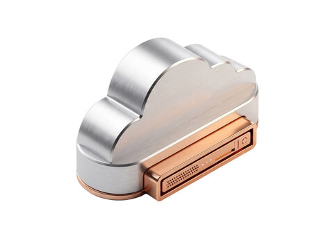 Metallic cloud storage icon 3D render featuring brushed steel and copper finish, capturing digital connectivity and secure data management for IT infrastructure marketing and web hosting.
