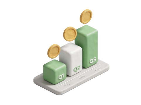 3D render of a rising bar chart with floating gold coins and quarterly labels, capturing financial growth and profit success for business report, investment strategy, and banking app design.