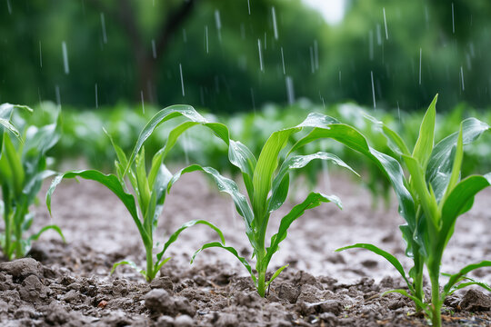 Rain falls on young corn plants in a field