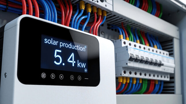 Solar inverter digital display shows 5. 4 kilowatts solar production. Electrical wires connect breakers and system components in a clean energy setup.