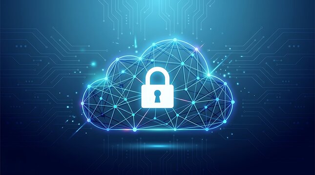 Cyber security cloud computing illustration with padlock icon and digital circuit board background