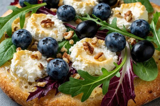 Flaybread pizza topping with fresh goat cheese blueberries black olives walnuts and green salad leaves. Delicious gourmet tart served on slate surface.