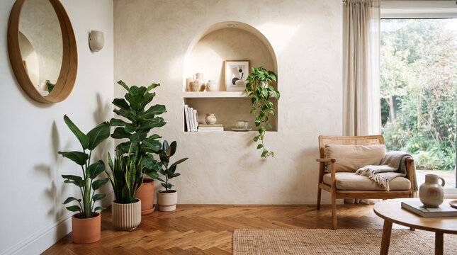 Modern Interior Background with Arched Niche Wall Wooden Floor and Potted Plants