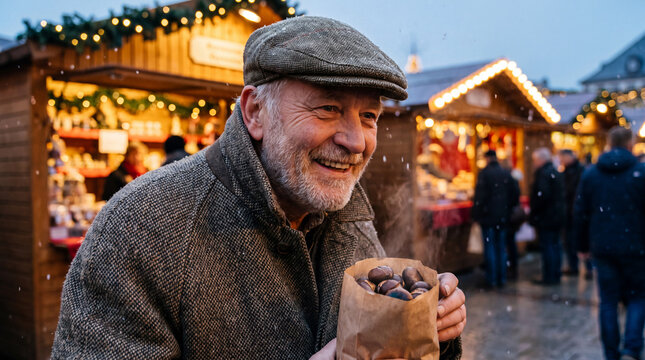 An older man holds a steaming bag of roasted chestnuts at a snowy Christmas market, evoking cozy festive nostalgia for lifestyle stock photography and seasonal marketing.