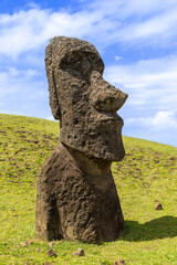 Moai Tukuturi at Rano Rarakuon easter island. Beautiful Moai Statues with beautiful blue sky in the background and green gras in the foreground  © Sven Taubert