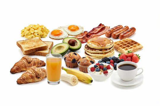 Assorted breakfast foods and drinks display