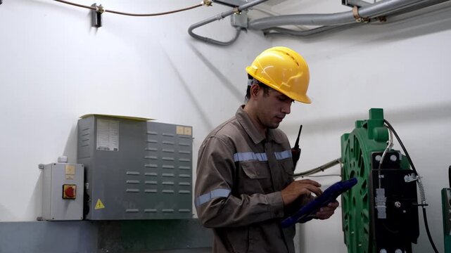 Engineer team worker wearing helmet and protective uniform conducting safety inspection and maintenance industrial equipment, technician operating digital controls inside mechanical facility with