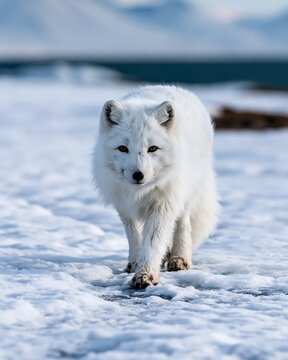 Arctic Fox Vulpes lagopus Walking on Snow in Polar Wilderness Landscape