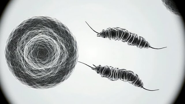 Chagas disease, one stable human cell with two clearly visible Trypanosoma cruzi parasites slowly moving nearby