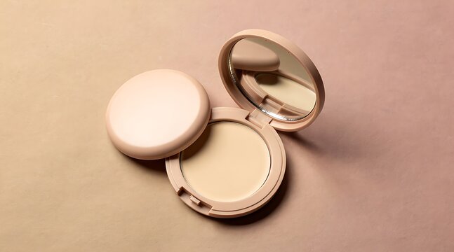 Open and closed makeup compact powder with mirror on a soft peach background, cosmetic face foundation for skin tone correction and beauty routine, professional makeup product photography.