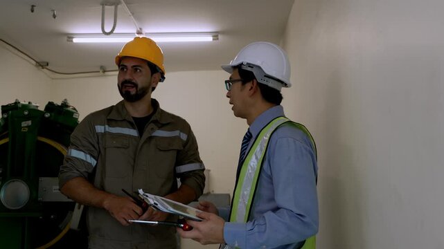 Engineer team inspecting industrial equipment and machinery underground facility, wearing hard hat and safety clothing with safety vest while reviewing technical plan, maintenance work, and safety