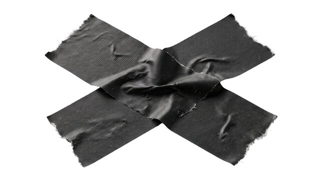 Two overlapping strips of black gaffer tape in a cross shape with wrinkled texture and frayed edges, providing a grungy industrial aesthetic for digital mockups and poster design.