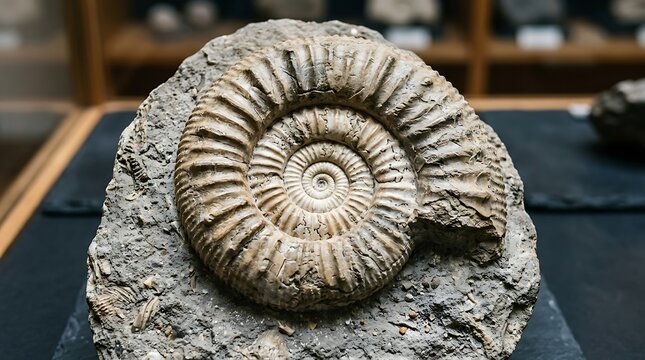 Ammonite fossil photo, prehistoric marine creature shell in rock matrix, paleontology museum specimen