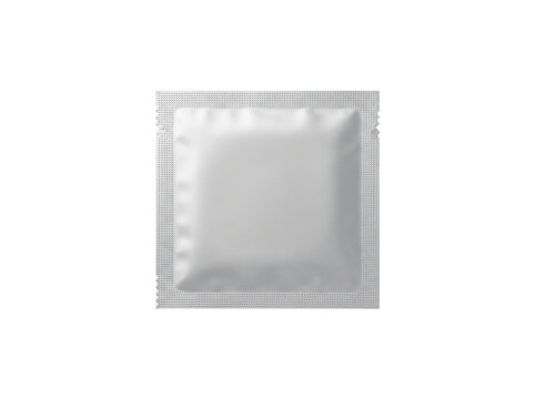 Blank white foil sachet mockup on black background featuring a square pouch with crimped edges. Clean professional product presentation for medicine, cosmetic samples, or condom brand design.