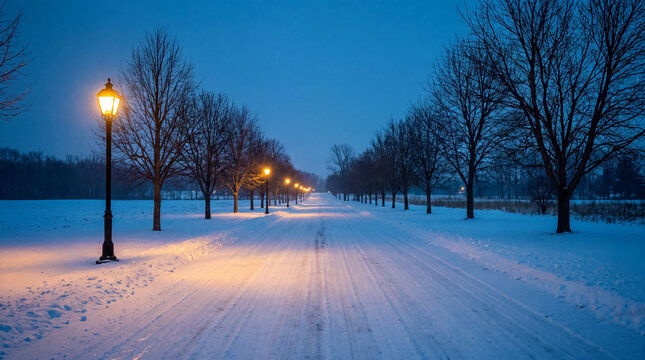 A snow-covered country road lined with vintage lampposts creates a cozy winter evening scene for stock photography and seasonal editorial backgrounds.
