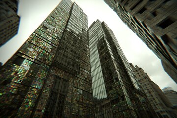 Obraz premium Tall buildings made of glass and metal are visible in a city setting under overcast skies. The structures appear reflective