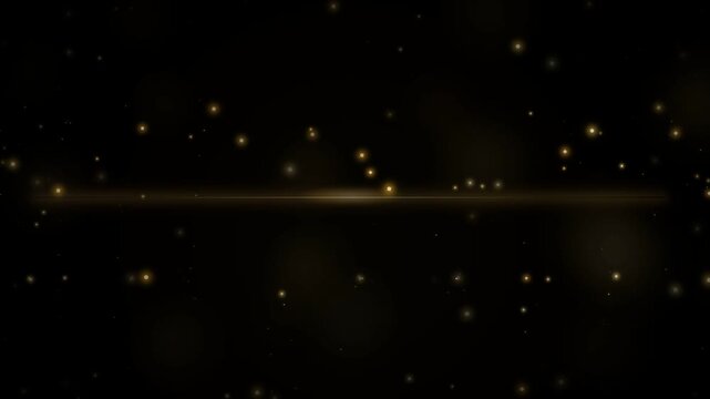 Elegant golden particles shimmering and floating in slow motion against a dark, cosmic black background, with a vibrant horizontal light streak traversing the center, creating a luxurious and magic...