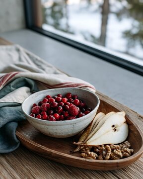 Fresh red berries in ceramic bowl with sliced pear and walnuts on a tray