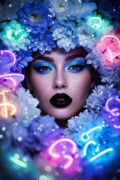Super model facial photography, looking through small opening of large group of flowers