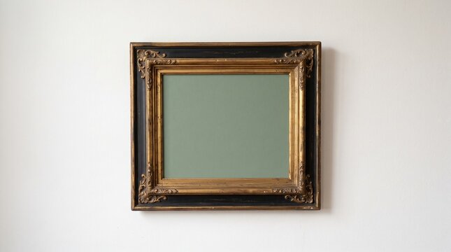Ornate vintage picture frame with a plain green background on a white wall