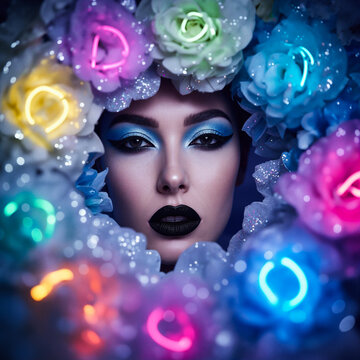 Super model facial photography, looking through small opening of large group of flowers