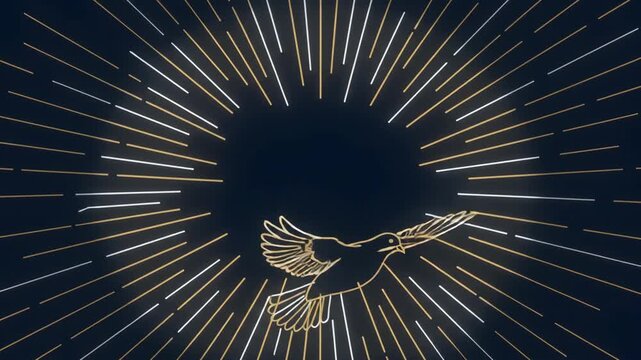 golden flying dove with glowing radiant rays on dark blue background. holy spirit symbol, religious concept, church animation, easter and baptism celebration, peace.