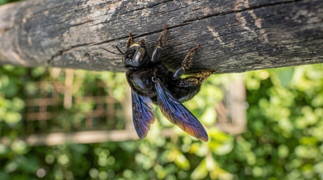Close up of a large black carpenter bee clinging to a wooden beam with iridescent wings
