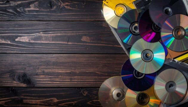 Cds and dvds reflecting rainbow colors on wooden background