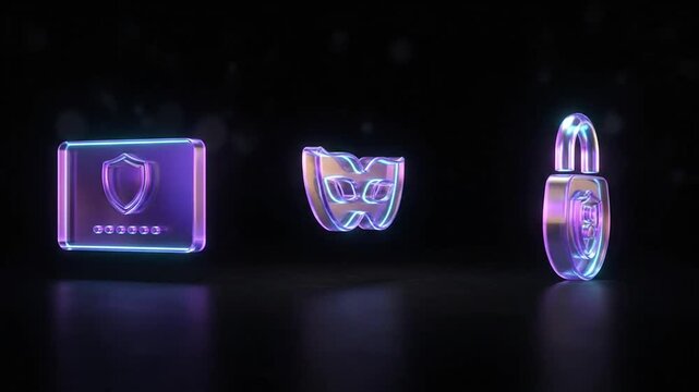 Glowing glass security and privacy icons rotating on dark background