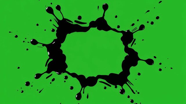 Glossy black ink paint splash frame border isolated on green screen.