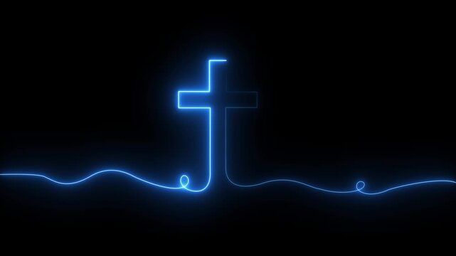 glowing neon Bright flickering neon cross icon. Christianity symbol. Motion graphic video animation. Christian Cross Symbol black background. 4k video
