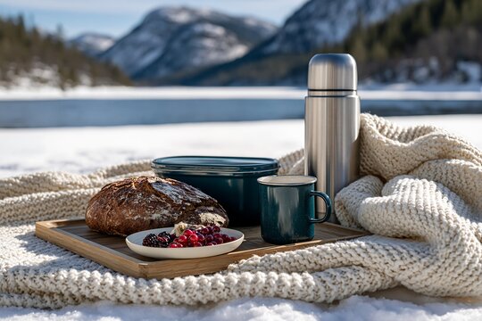 Cozy winter picnic with warm drink and fresh food in scenic mountain view