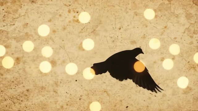 silhouette of flying bird on vintage grunge paper texture with glowing bokeh lights. freedom and peace concept. elegant intro background, motion graphics with copyspace.