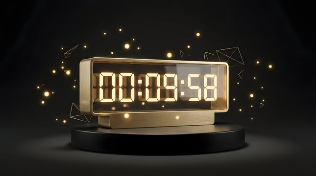 Modern gold digital clock displaying 00 09 58 with glowing particles and geometric shapes on a dark background