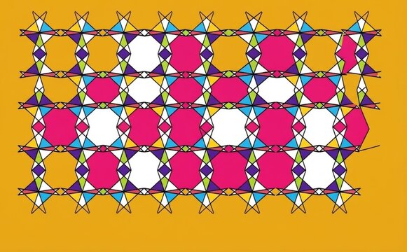 Geometric seamless mosaic pattern background with colorful stars and diamond grid shapes in pink, blue, purple, and white. Vibrant abstract tessellation art on warm yellow background.