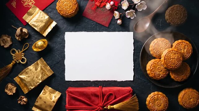 Steaming traditional mooncakes flat lay with blank white paper copy space