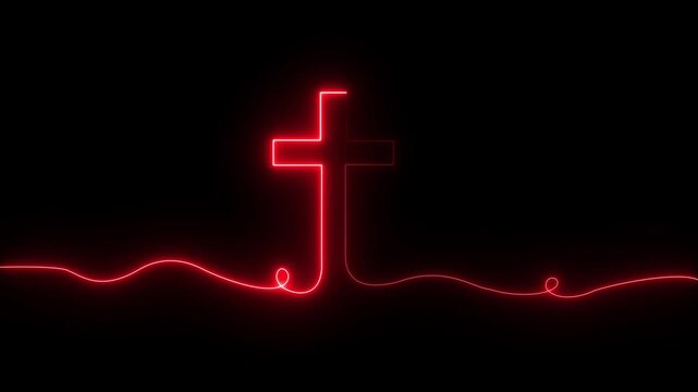 glowing neon Bright flickering neon cross icon. Christianity symbol. Motion graphic video animation. Christian Cross Symbol black background. 4k video