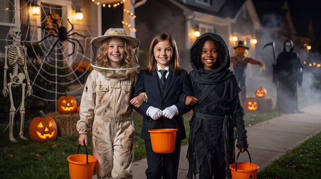 Three girls in beekeeper, agent and hooded mystery costumes carrying pumpkin buckets while trick or treating outside a spooky Halloween house at night